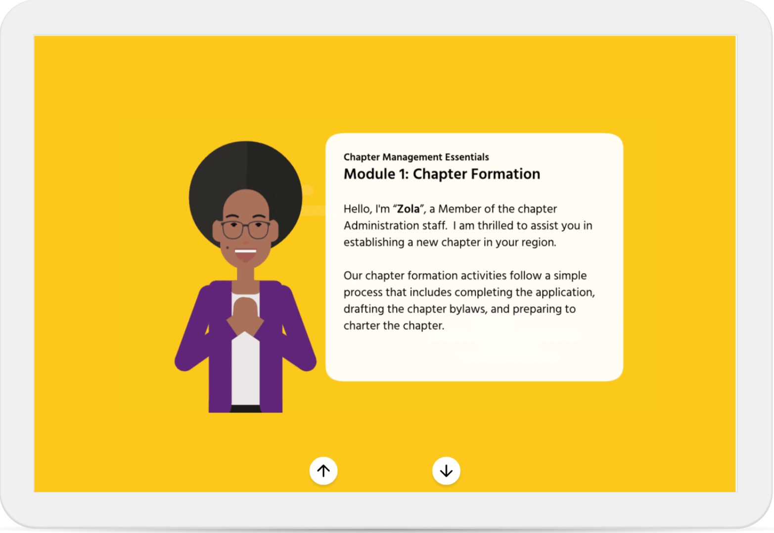 Cartoon woman named Zola introduces chapter formation on a bright yellow background.